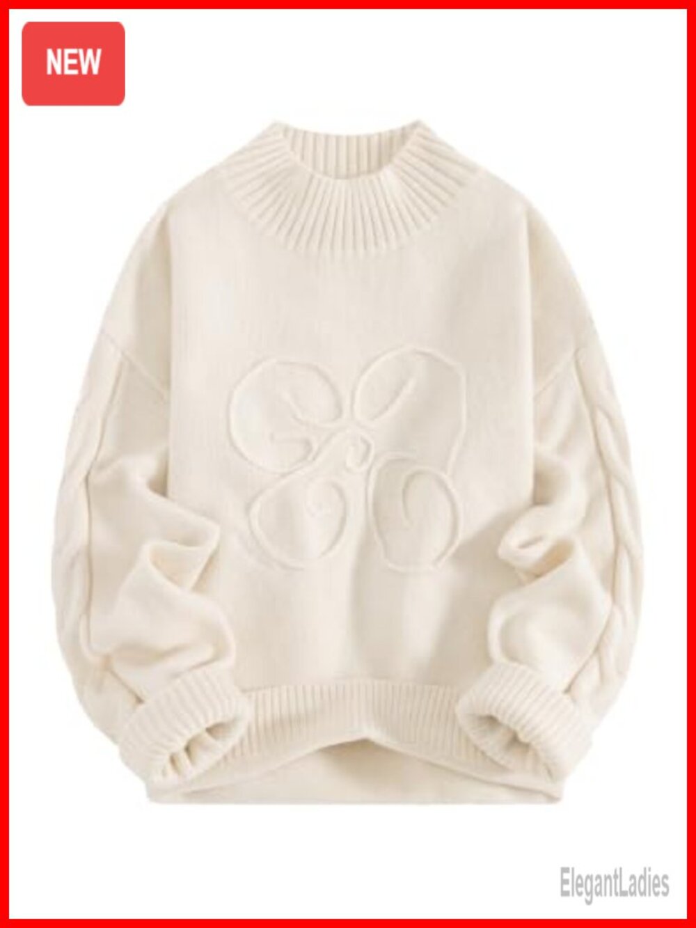 Oversized Flower Graphic Mock Neck Knit Pullover Sweater Long Sleeve